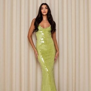 Caramella Sequin Backless Maxi Dress in Lime Green